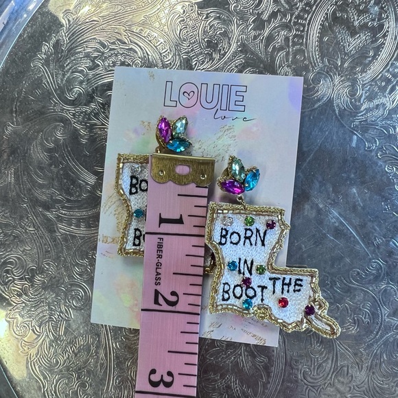 Louie Love “Born in the Boot” Louisiana State Embroidered Beaded Post Earrings - Picture 4 of 4